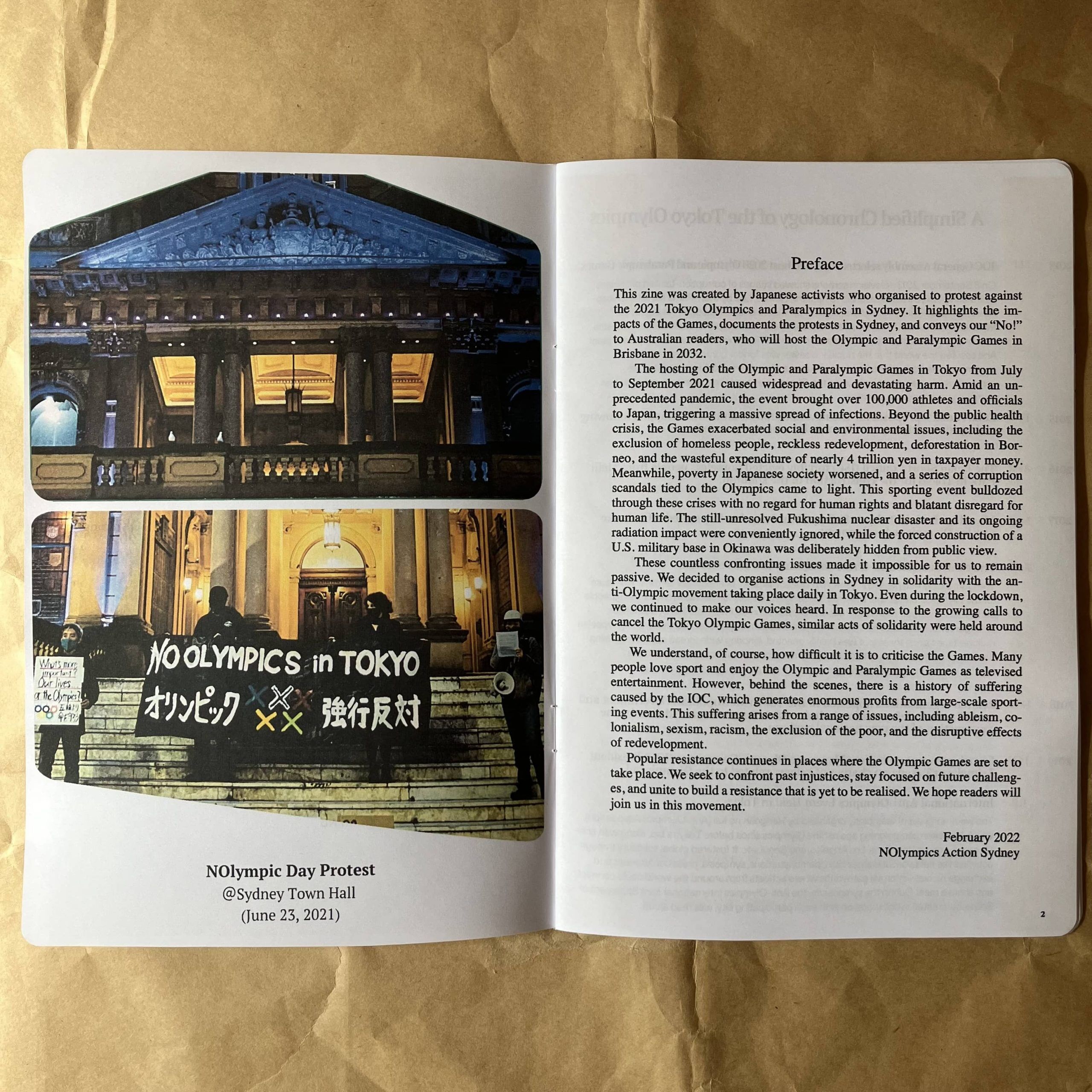 Inside pages of the zine No Olympics!: From Tokyo 2021 to Brisbane 2032