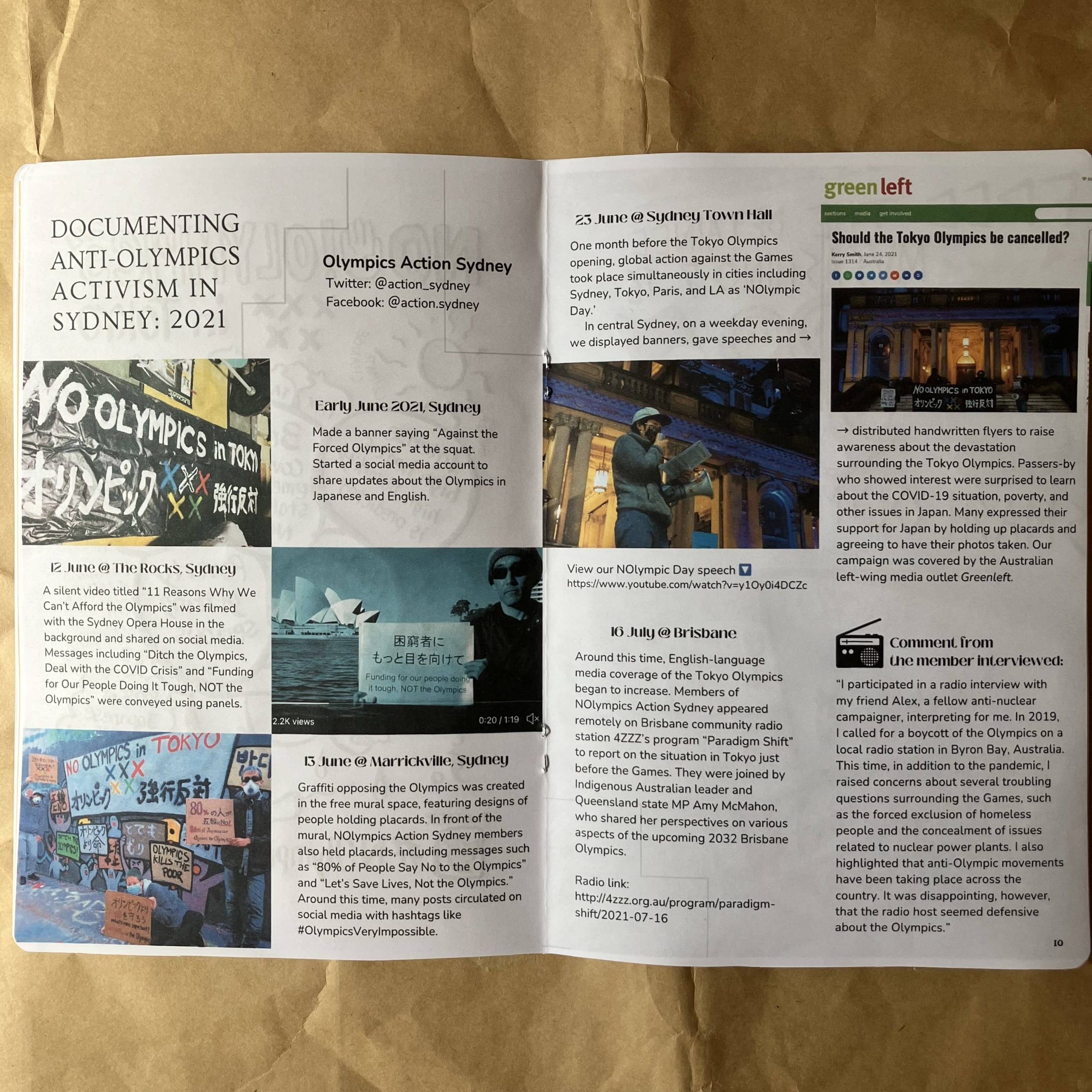 Inside pages of the zine No Olympics!: From Tokyo 2021 to Brisbane 2032