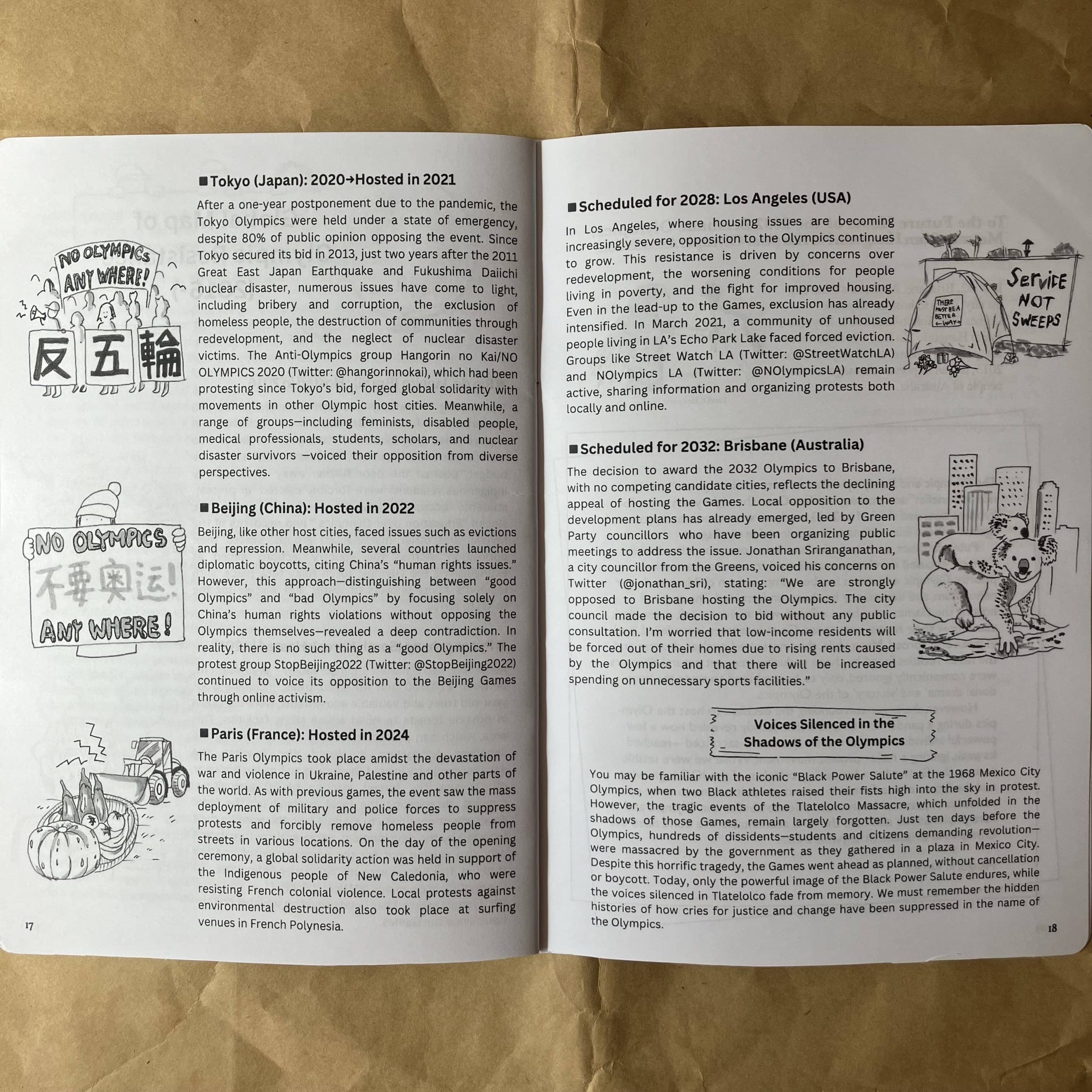 Inside pages of the zine No Olympics!: From Tokyo 2021 to Brisbane 2032