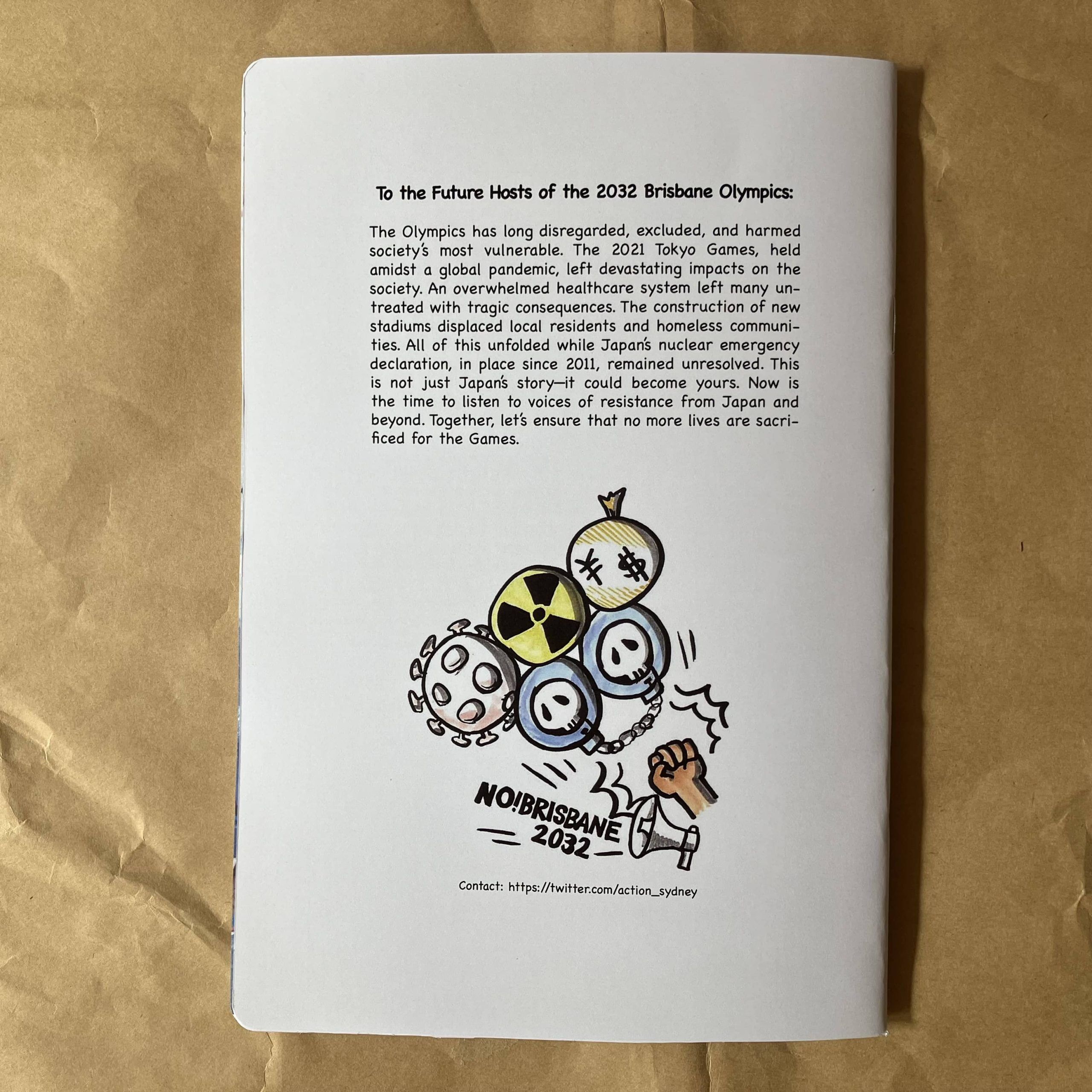 Back cover of the zine No Olympics!: From Tokyo 2021 to Brisbane 2032