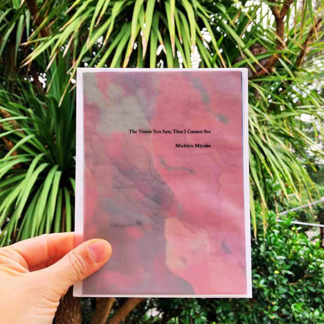 Michiyo Miyake's poster zine, The Vision You Saw, That I Cannot See, held against a palm tree