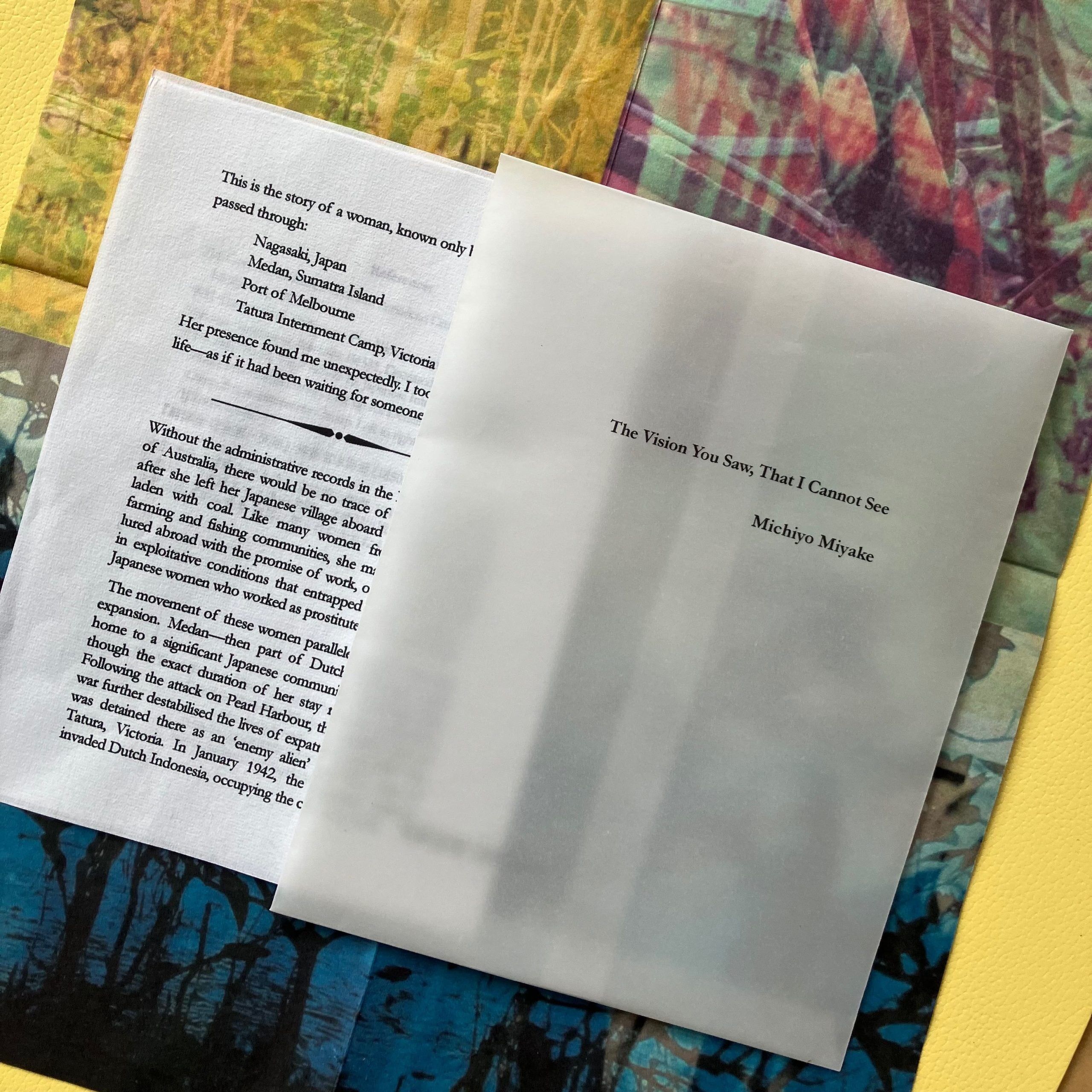 Components of Michiyo Miyake’s poster zine, The Vision You Saw, That I Cannot See, including calligraphy paper prints and translucent envelope