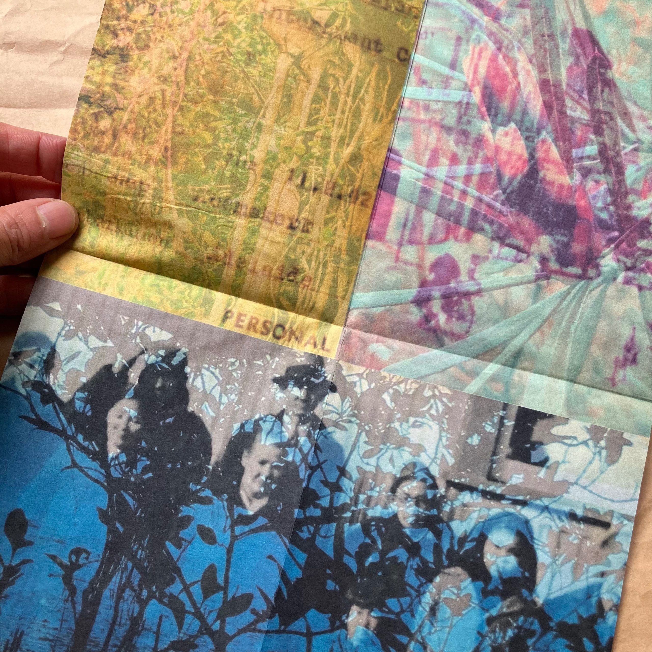 Colourful poster zine image printed on a delicate calligraphy paper